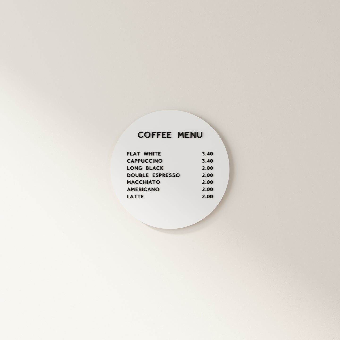 white circle menu display with black magnet letters