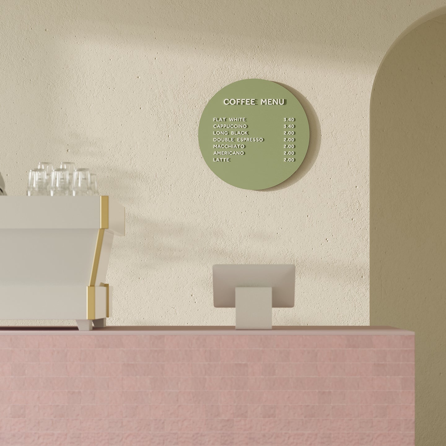 green circle magnetic menu board installed behind a pink coffee countertop