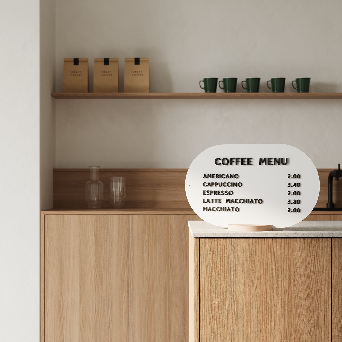 white curve table talker menu display on a counter top with black magnet letters