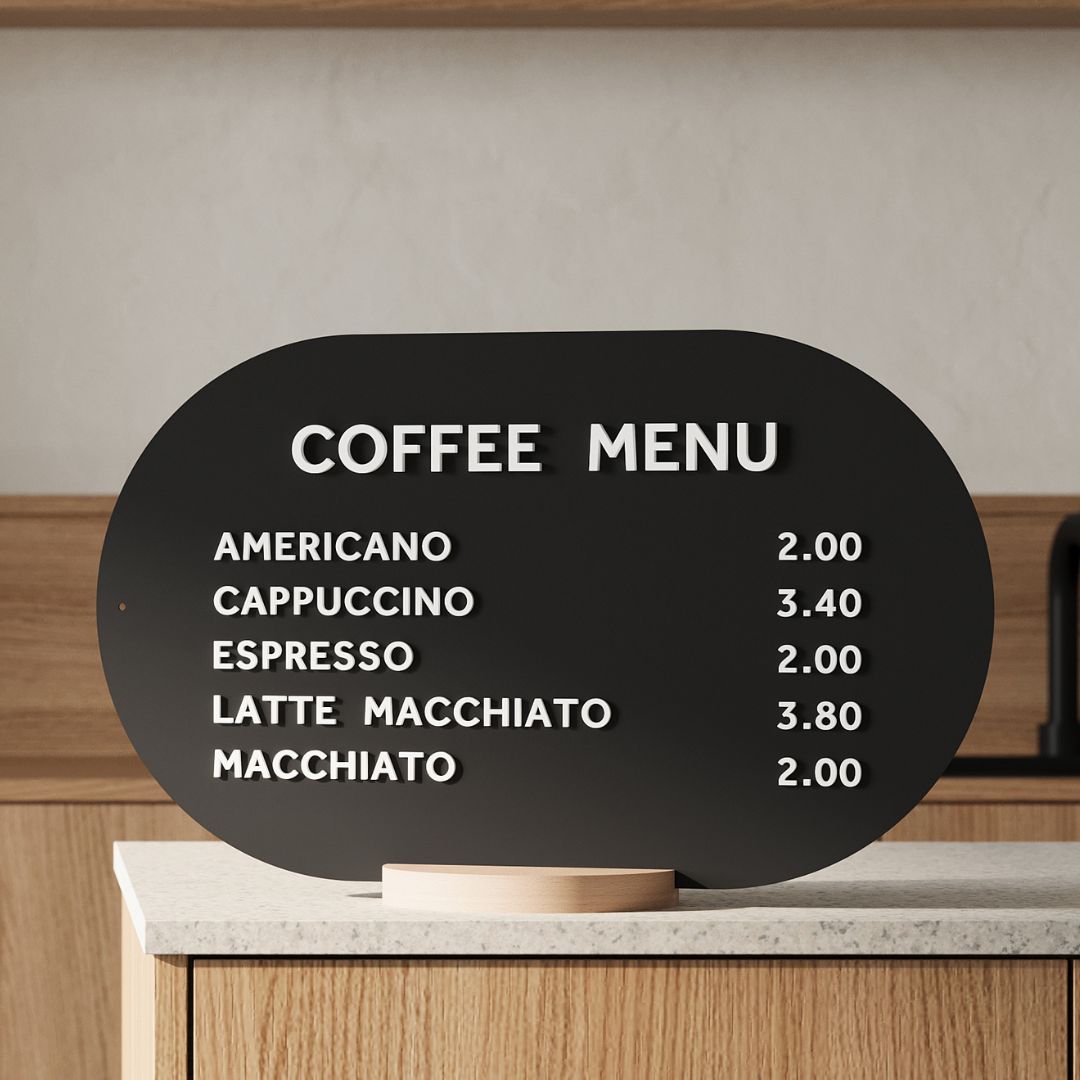 close up of the black curve tabletop menu display on a countertop