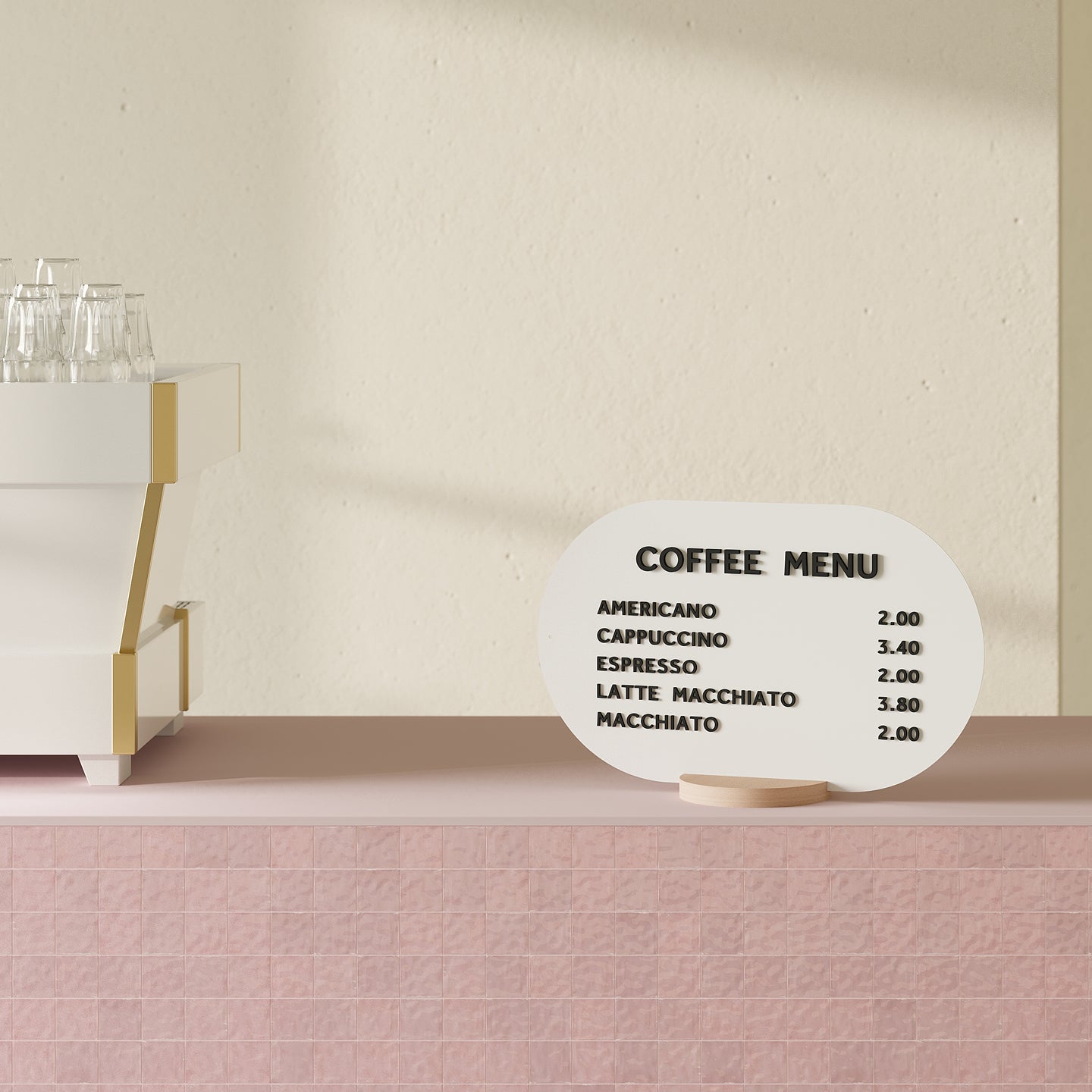white curve tabletop menu display with black magnet letters on a pink countertop