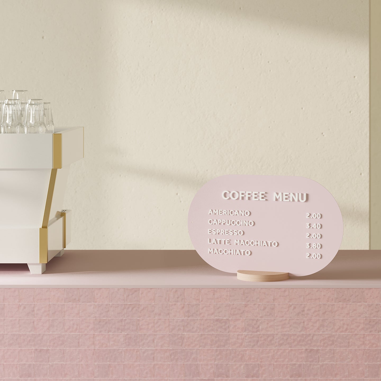 pink curve table talker menu display on a pink countertop with white magnet letters