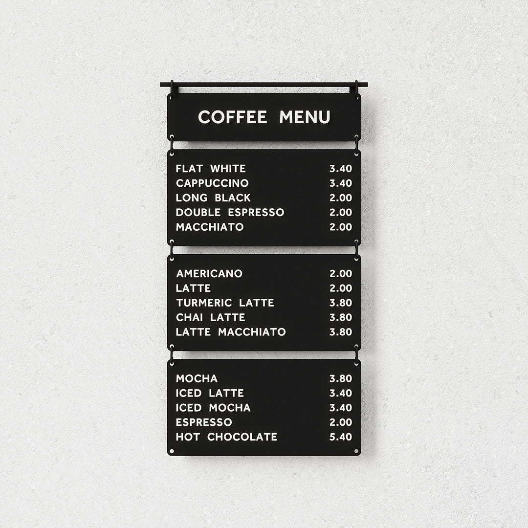 black hanging cafe menu