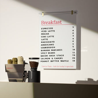 white white hanging menu board behind a cafe countertop