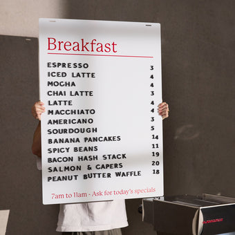 two hands holding up the face panel of a white hanging menu board