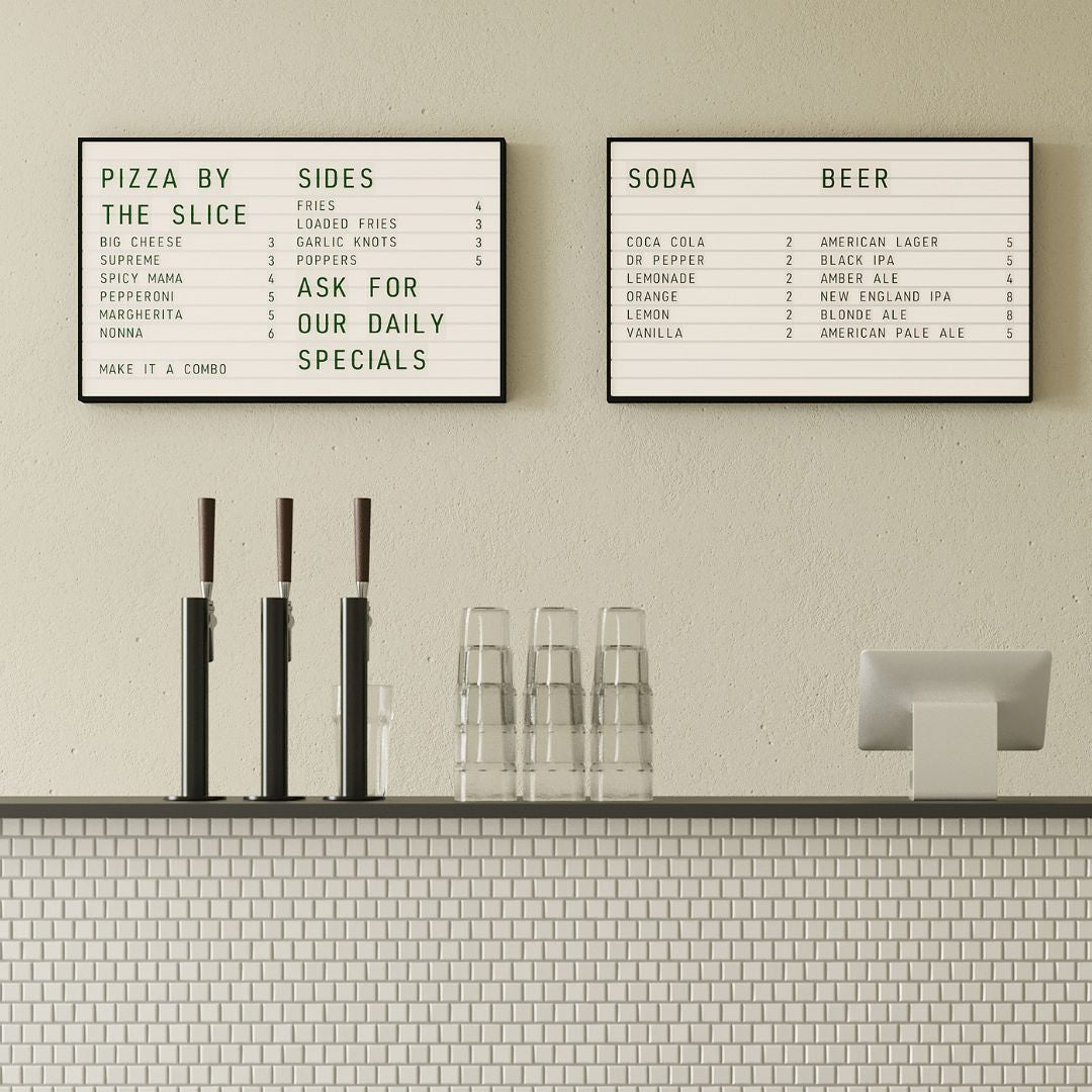 two letter light box menus installed side-by-side behind a cafe counter