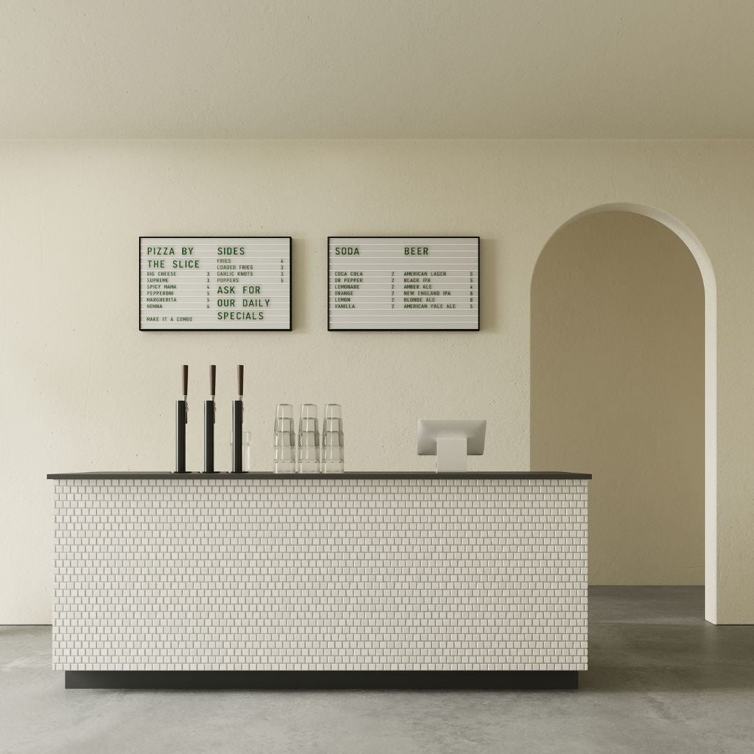 two letter light box menus installed side-by-side behind a cafe counter