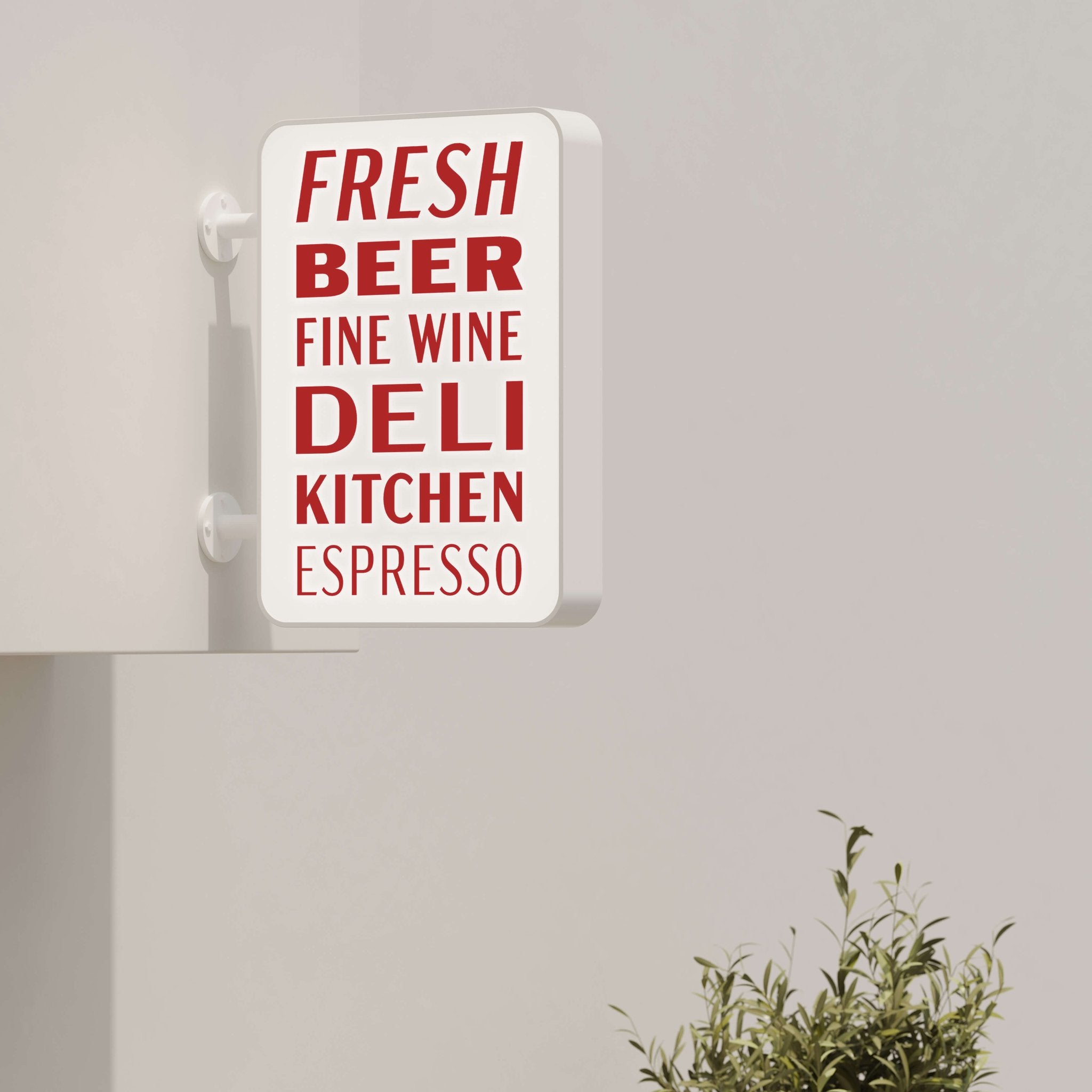 white wall-mounted rectangle light box sign with red logo branding applied
