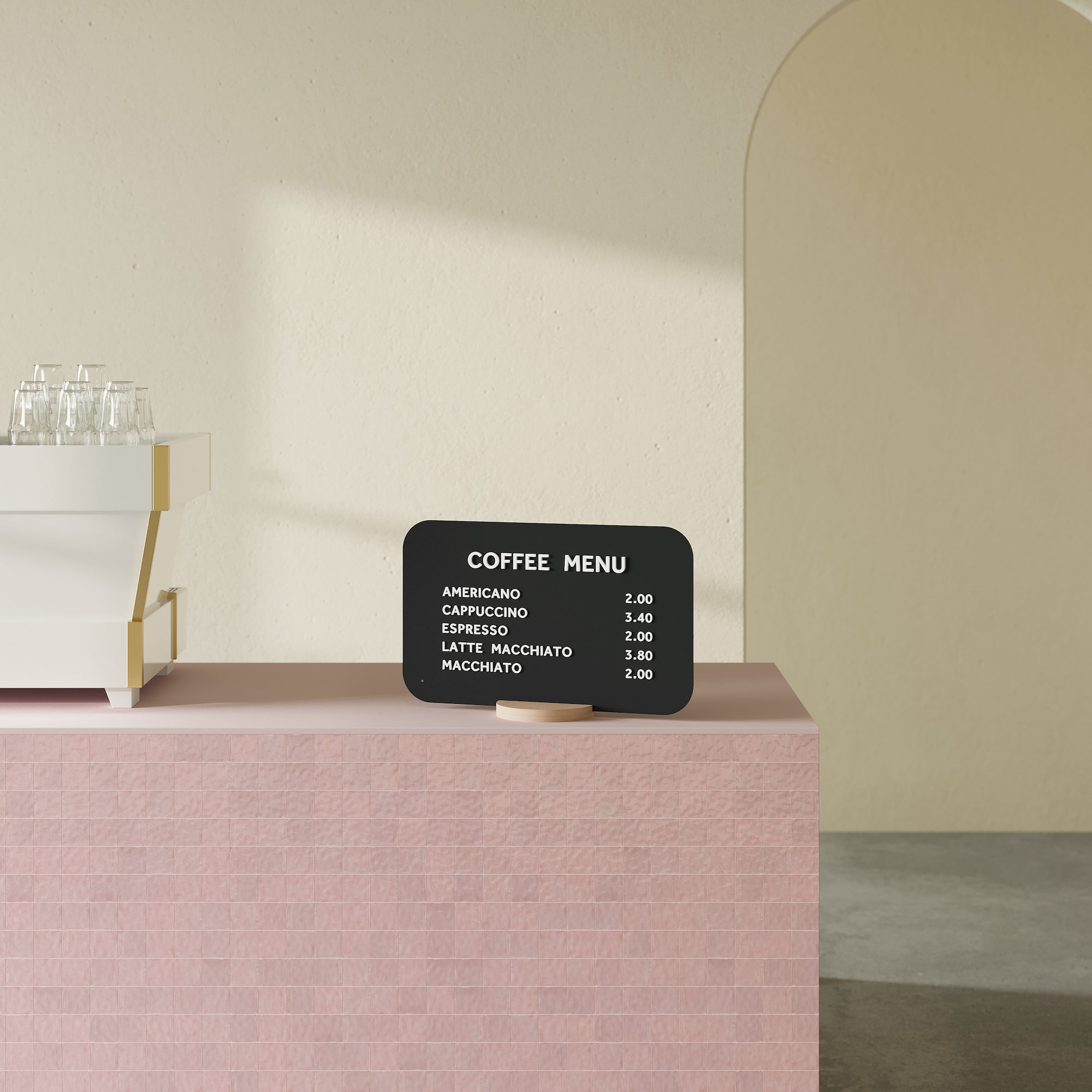 black rectangle tabletop sign on a pink countertop displayed horizontally