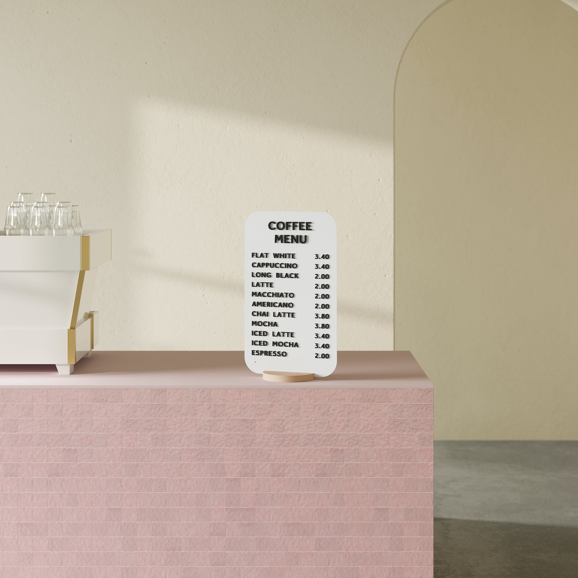 white rectangle tabletop sign on a pink countertop displayed vertically