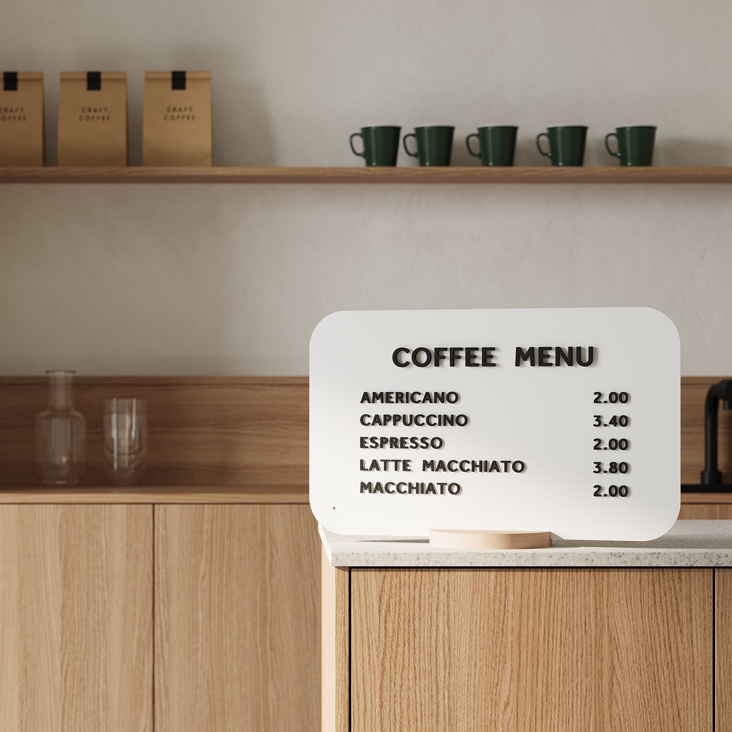rectangle tabletop sign displayed in horizontal orientation on a countertop