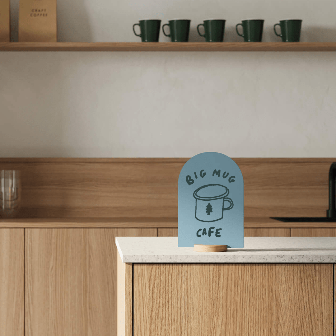 blue round table talker on a countertop