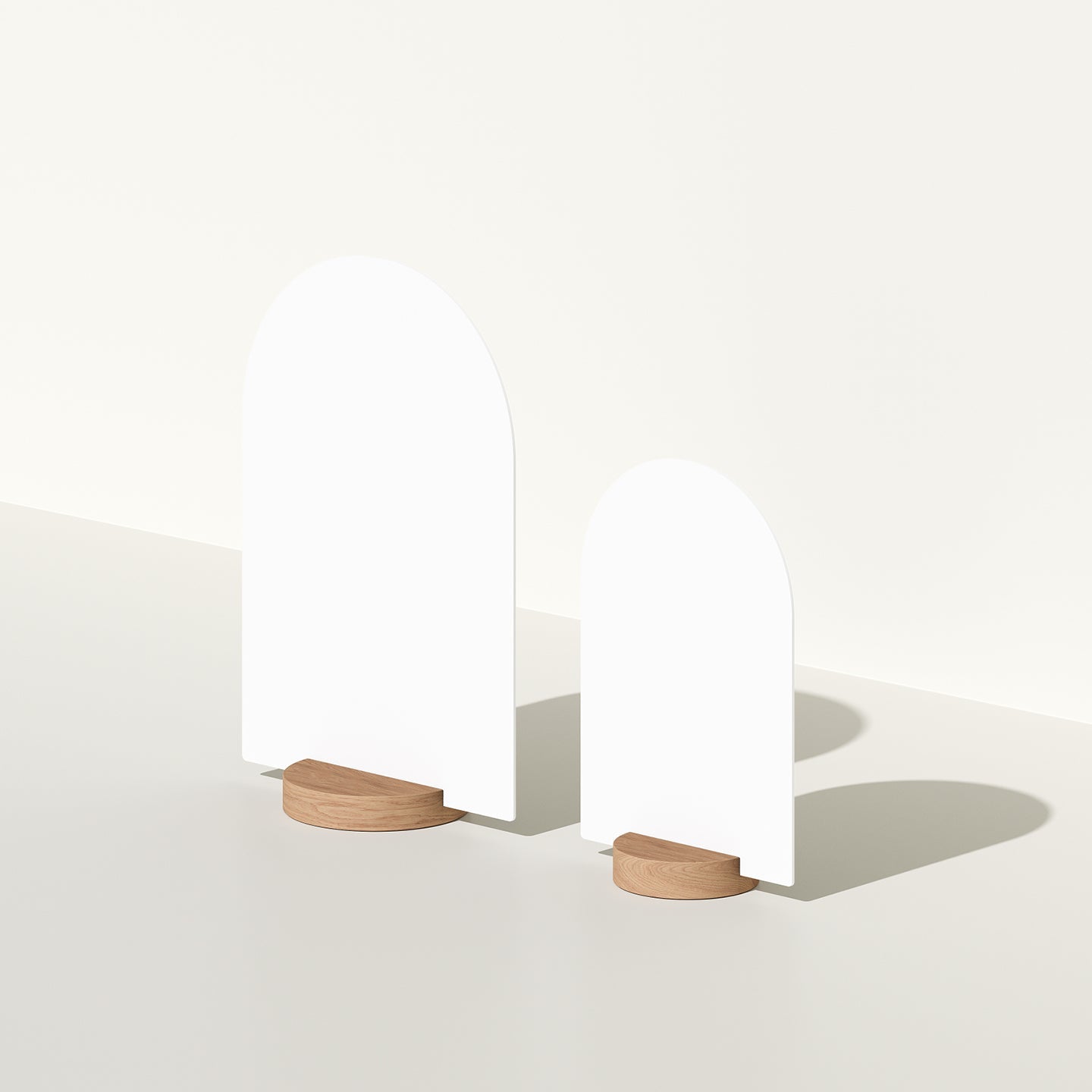 two plain white table talkers side by side showing the two sizes