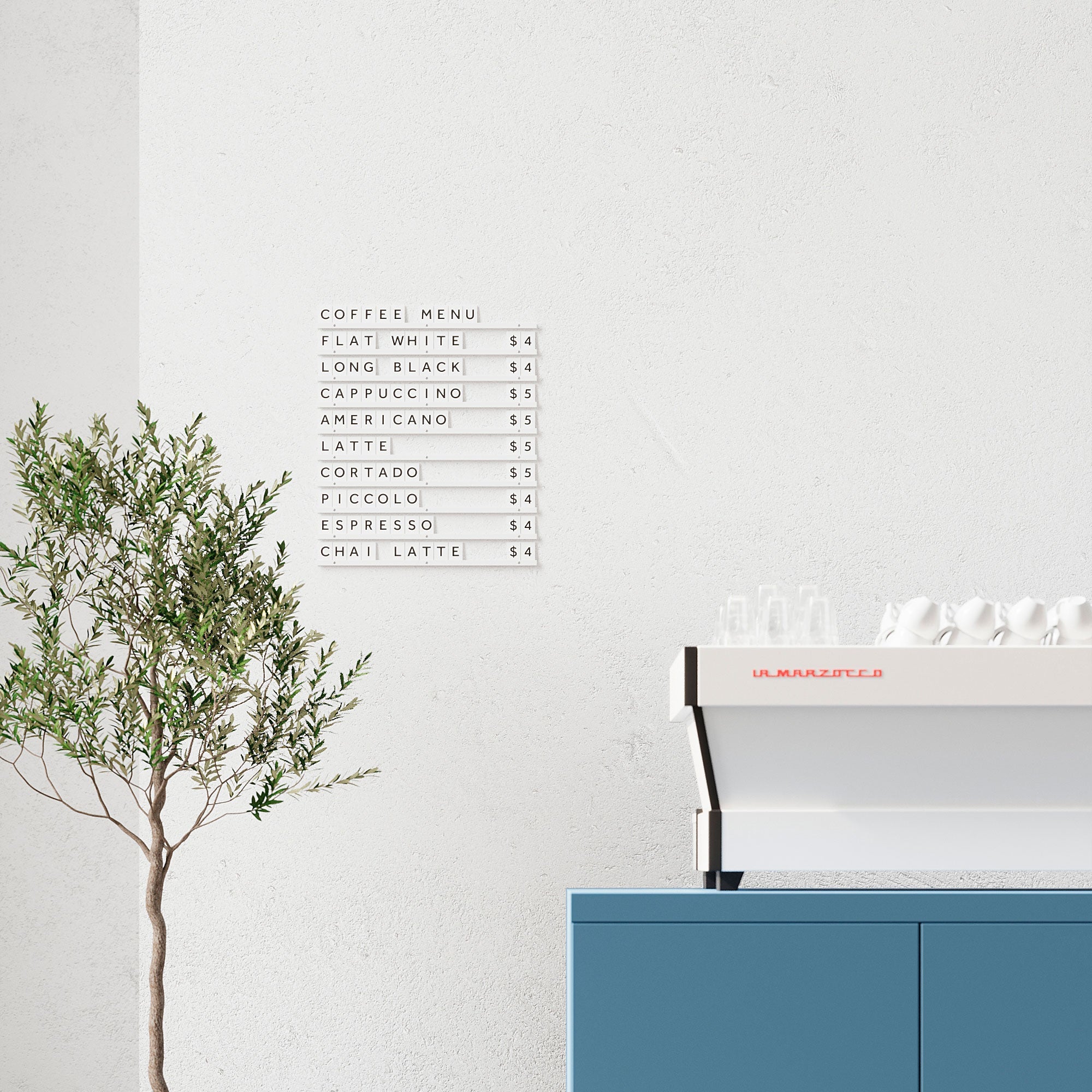 small wooden letter board menu display in white rails white letter tiles colourway installed beside cafe counter