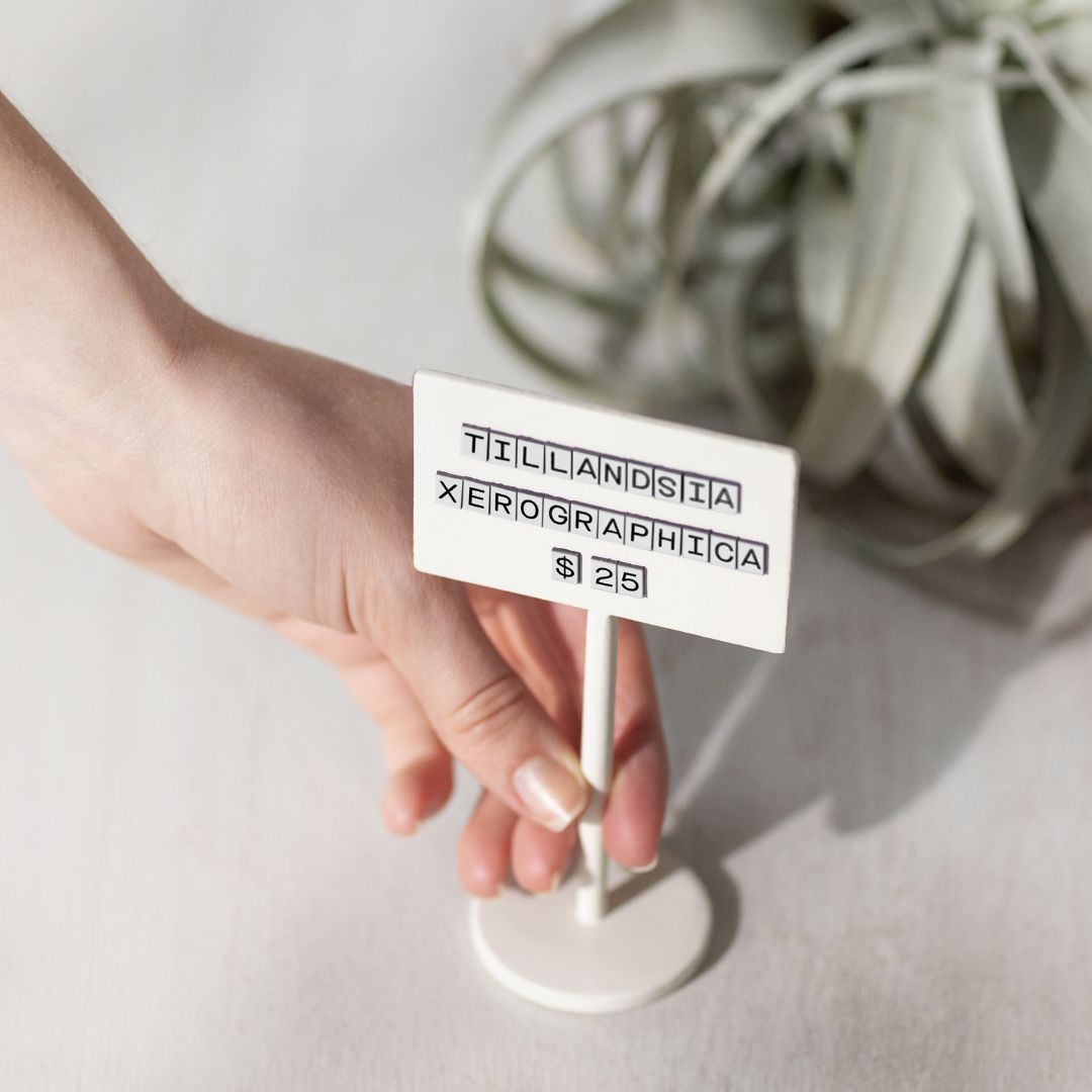 hand picking up a white standing counter sign that's showing the name and price of a product