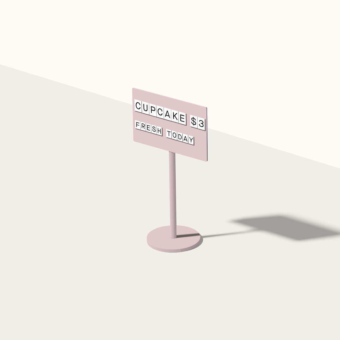 render of the pink standing counter sign with white magnet letters