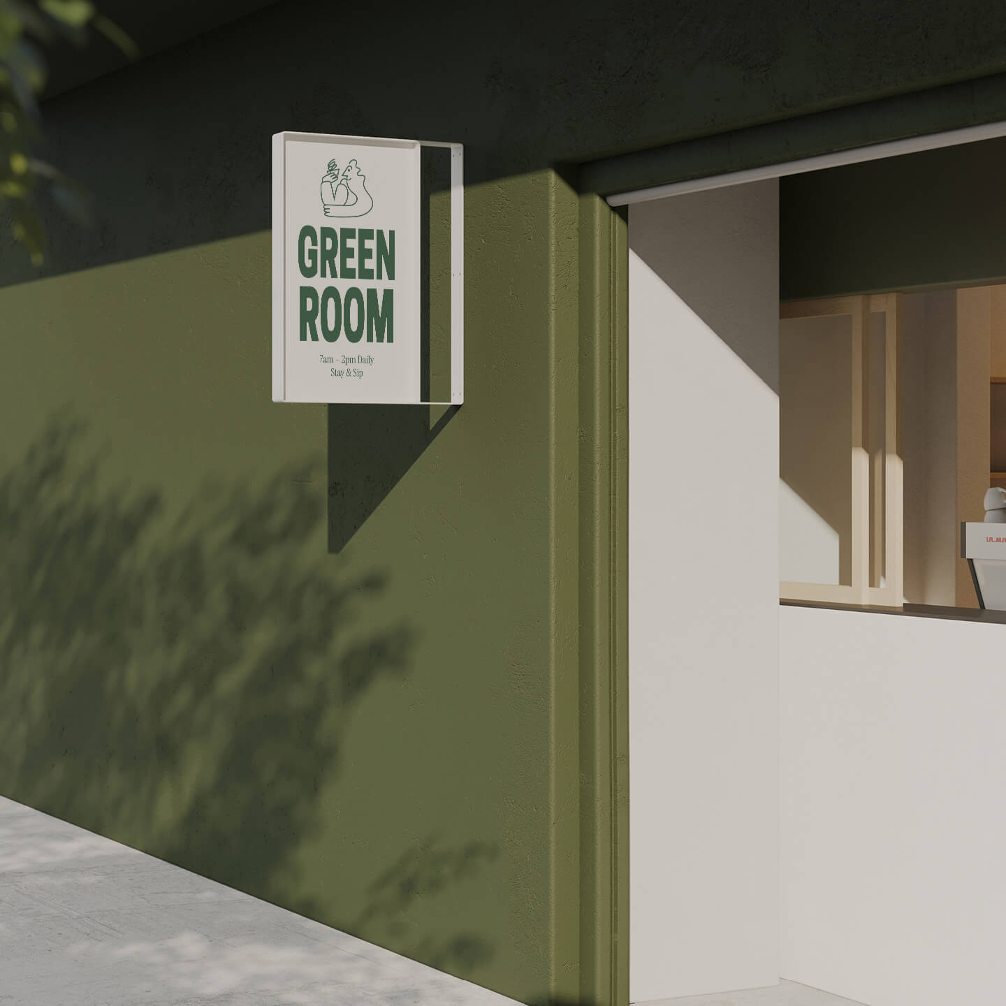 white vertical wall metal sign installed on green facade by a window