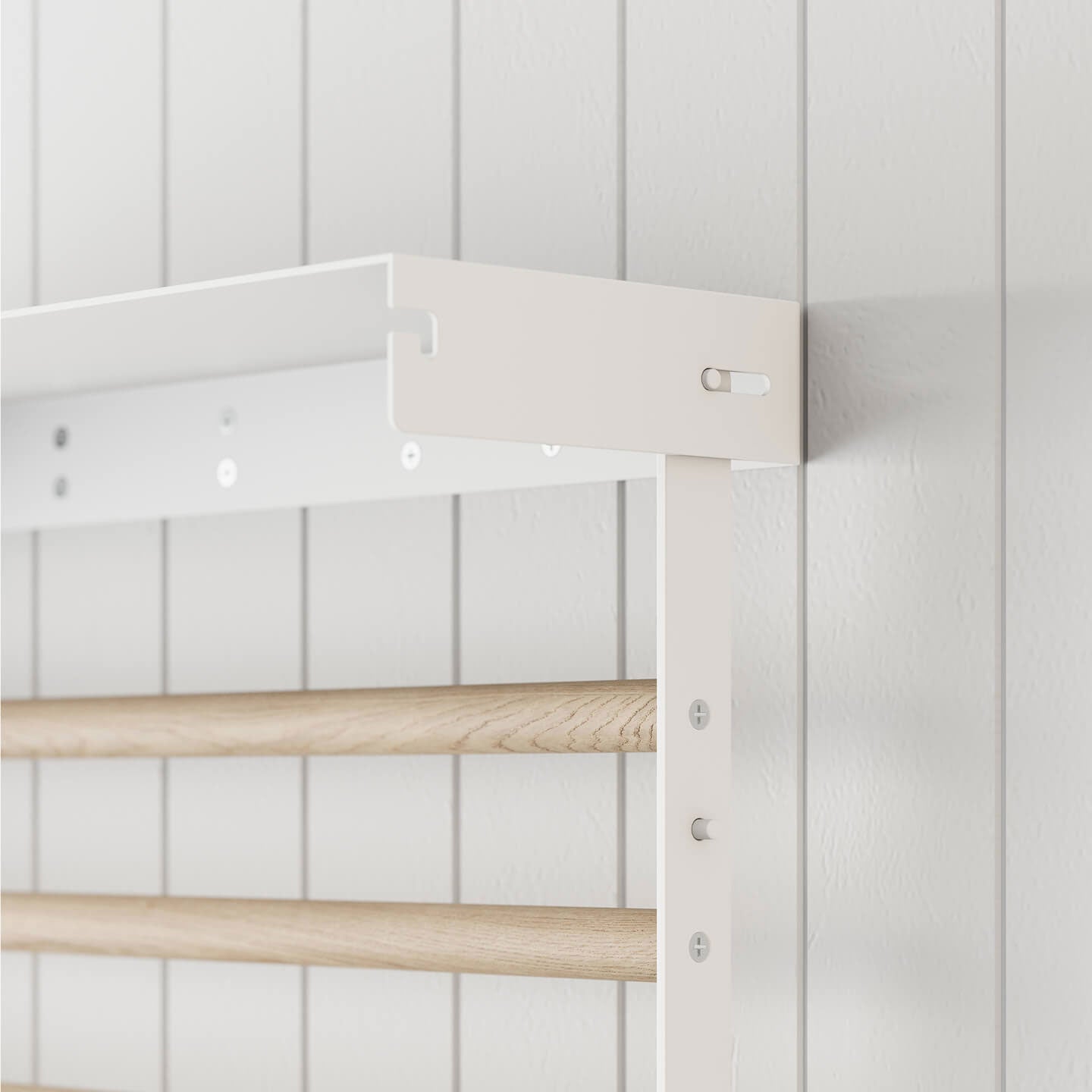close up of joinery of white wall mounted drying rack
