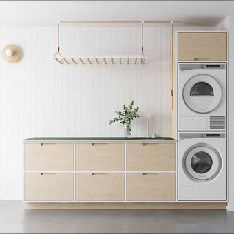 ceiling hanging drying rack installed above laundry sink space