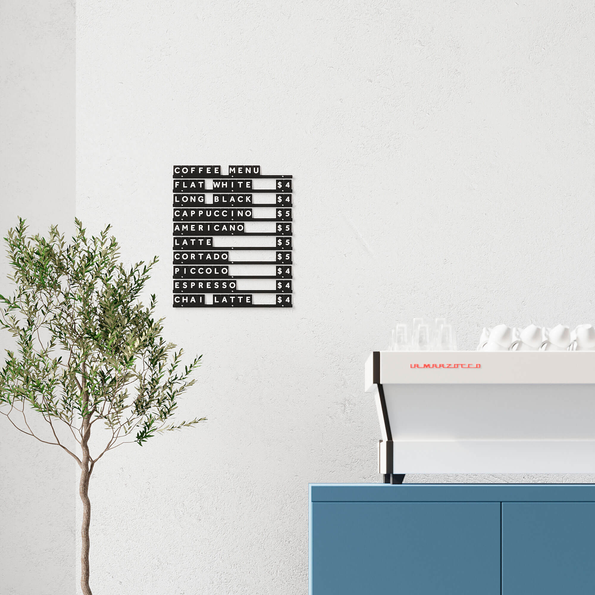 small wooden letter board menu display in black rails black letter tiles colourway installed beside cafe counter