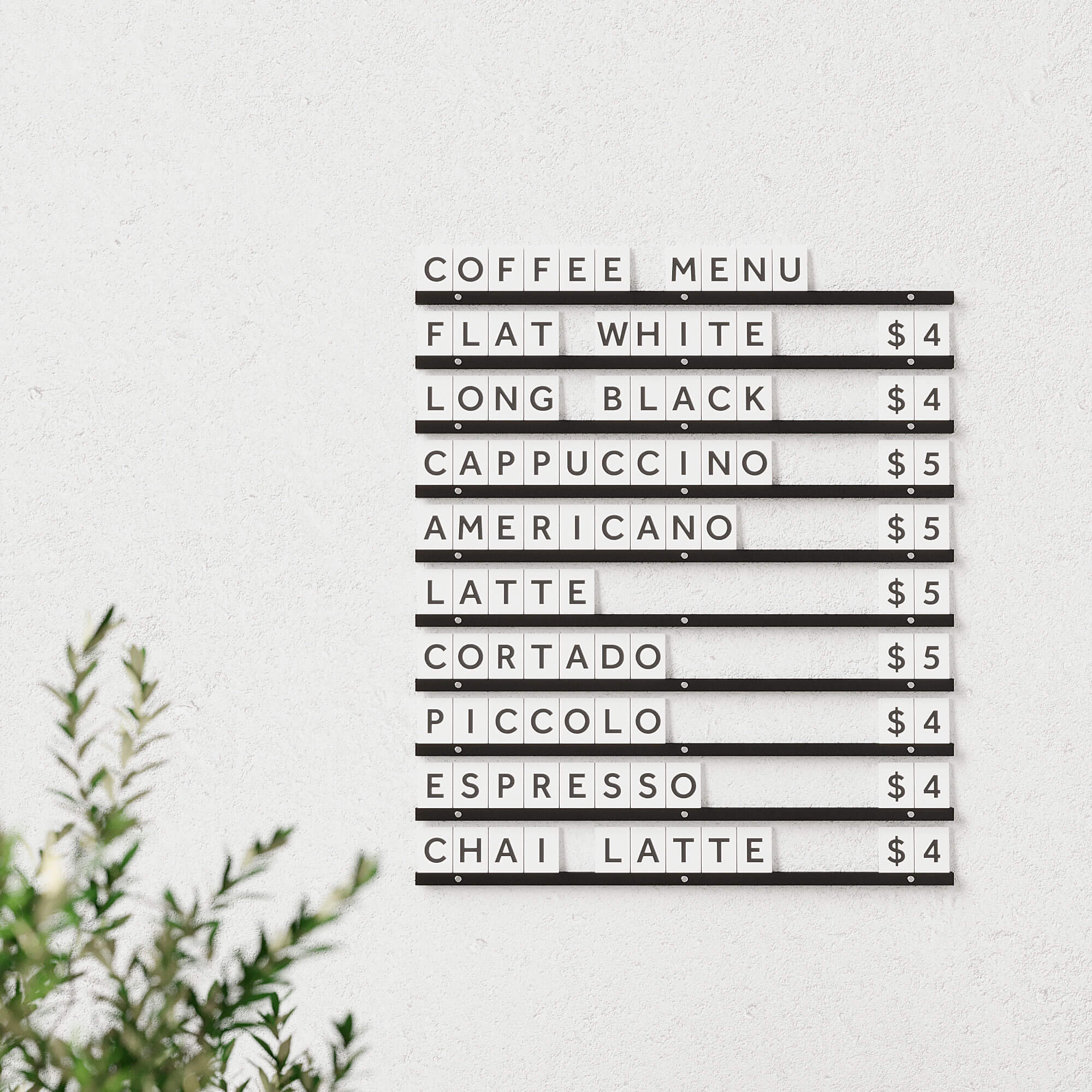 small wooden letter board in black rails white letter tiles colourway