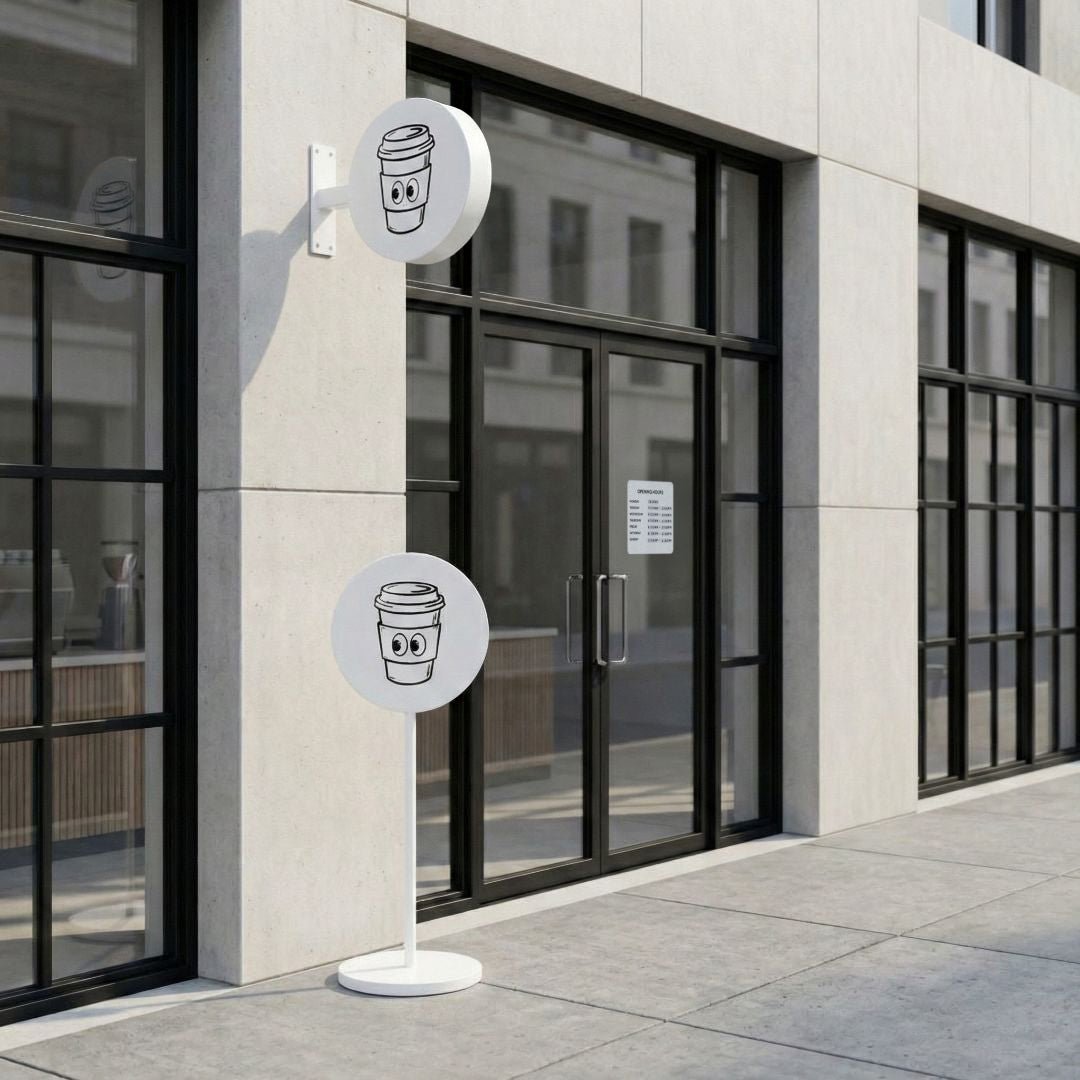 Modern building exterior with a decorative sign featuring cartoon coffee cups.
