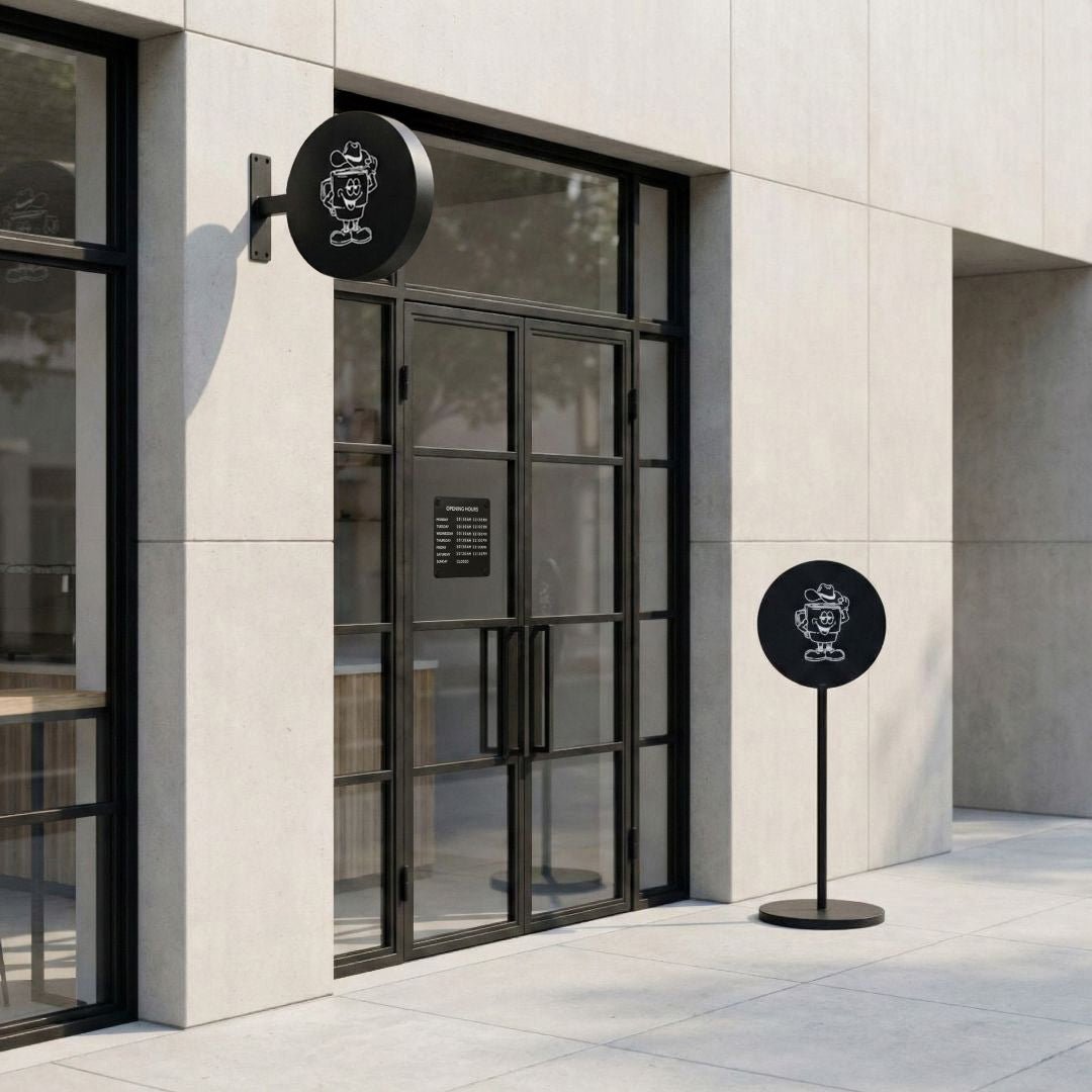Modern building entrance with a black circular sign featuring a logo on the wall and a stand.