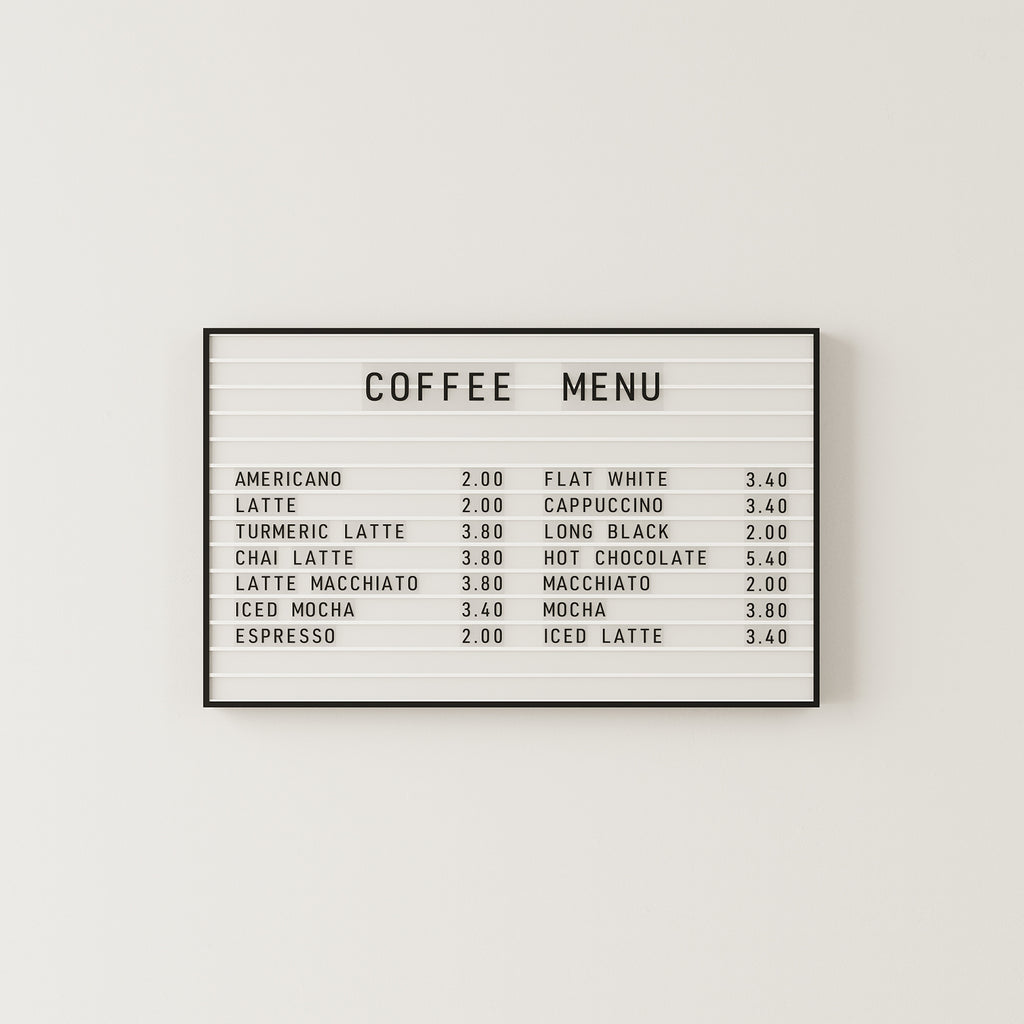 letter light box menu, lightbox cafe menu, lightbox menu board