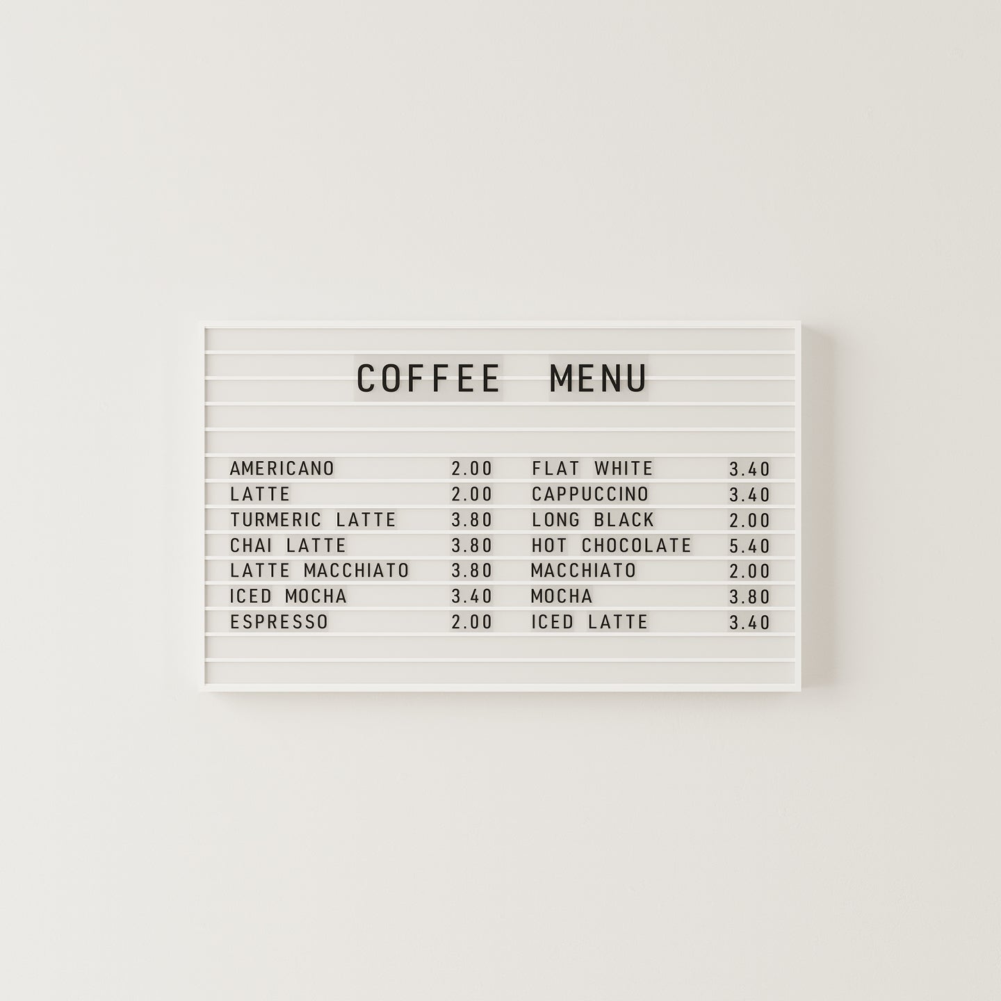 letter light box menu, lightbox cafe menu, lightbox menu board